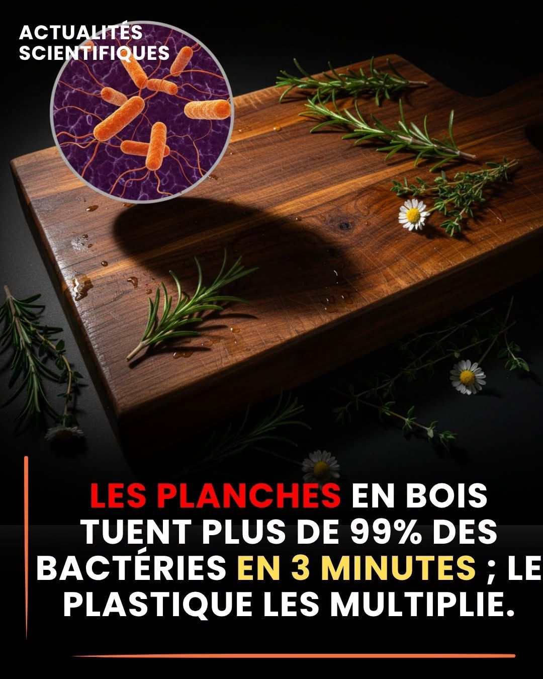 Les planches en bois tuent plus de 99% des bactéries en 3 minutes ; le plastique les multiplie